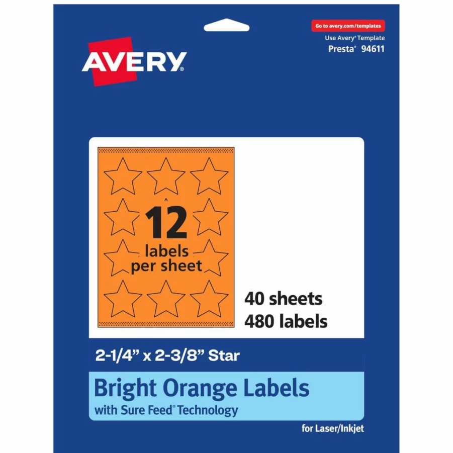 Avery Bright Orange Printable Star Labels, 2-1/4" x 2-3/8", Sure Feed Technology, 120-Pack for Laser/Inkjet Printing, Ideal for Reward Stickers & Mailing Seals