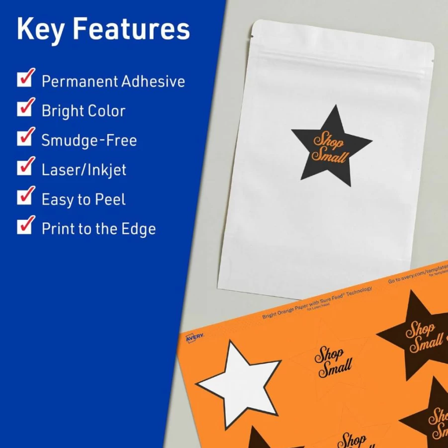 Avery Bright Orange Printable Star Labels, 2-1/4" x 2-3/8", Sure Feed Technology, 120-Pack for Laser/Inkjet Printing, Ideal for Reward Stickers & Mailing Seals