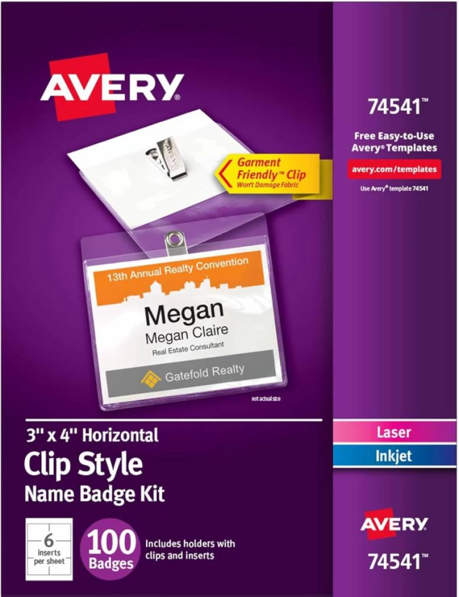 Avery 74541 Customizable Clip-On Name Badges, 3" x 4" Clear Plastic Holders with 100 White Printable Inserts for Laser/Inkjet Printing