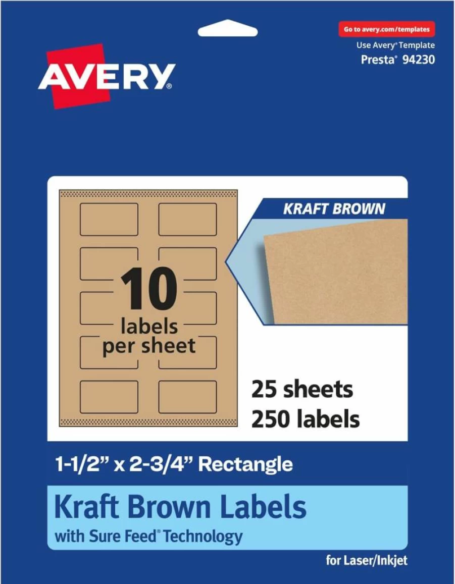 Avery Kraft Brown Labels 1.5" x 2.75" - 150 Pack, Sure Feed Technology, Print-To-The-Edge for Laser/Inkjet Printers