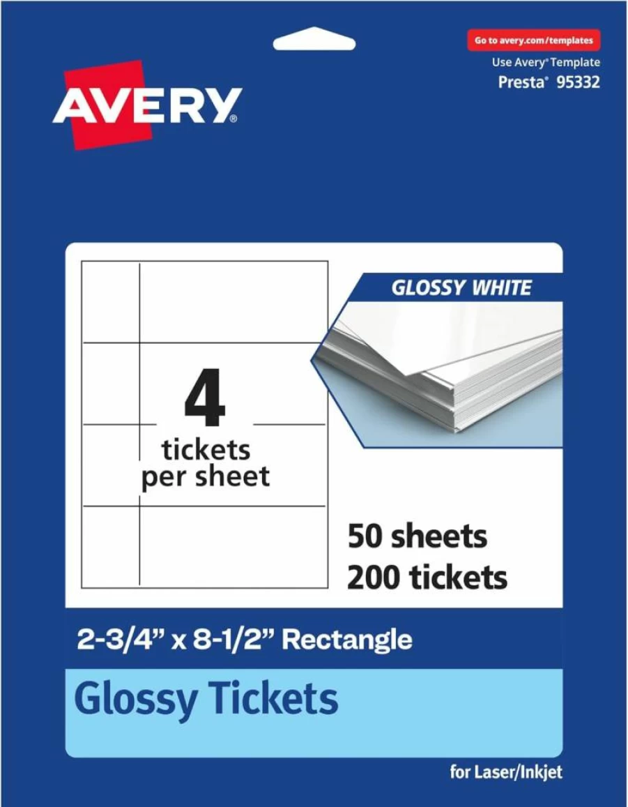 Avery Glossy White Printable Tickets, 2.75" x 8.5" Rectangle Cardstock, Laser/Inkjet Compatible, 100-Pack