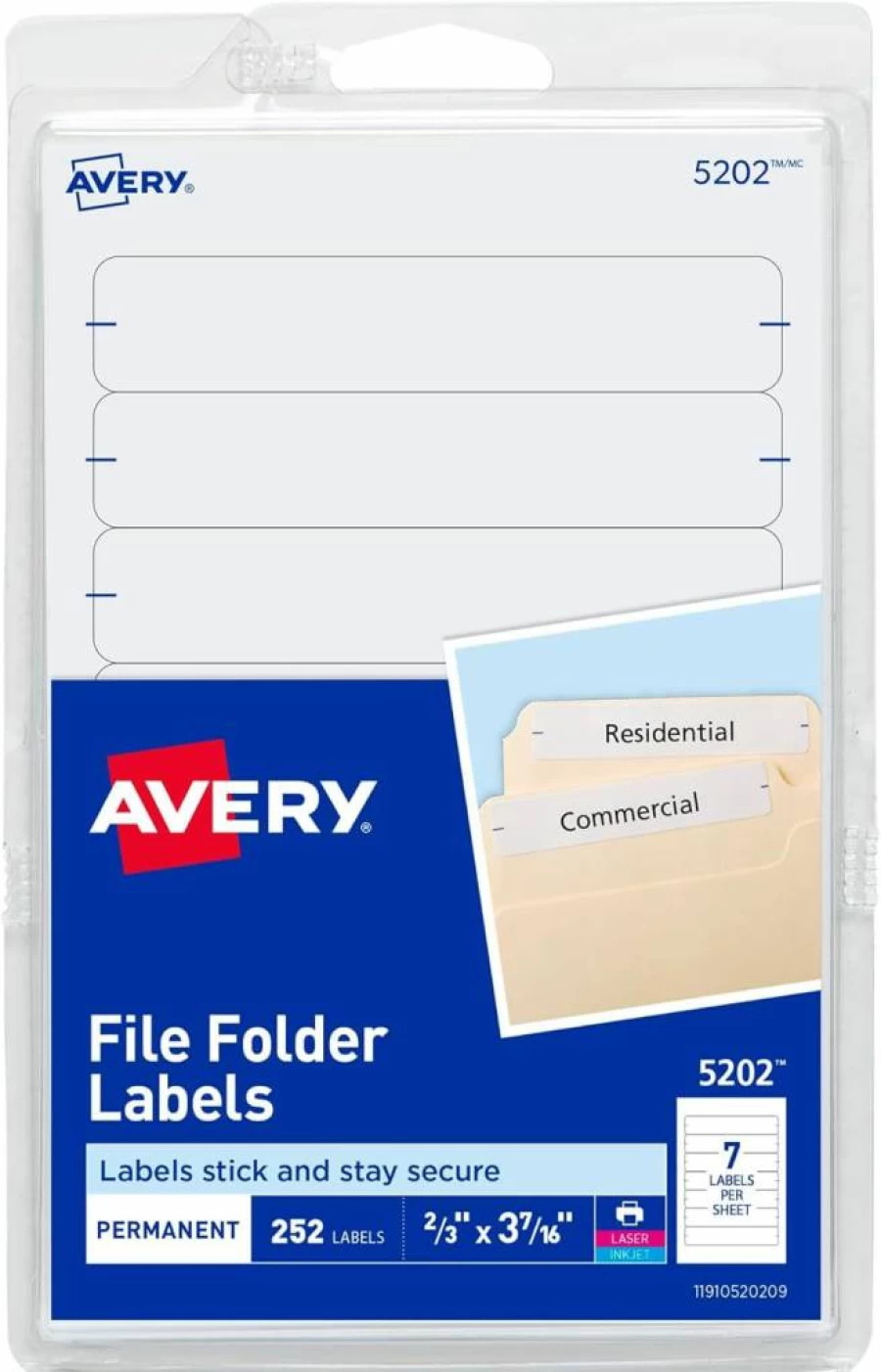 Avery 05202 File Folder Labels, 1/3 Cut, White, 252-Pack for Laser & Inkjet Printers