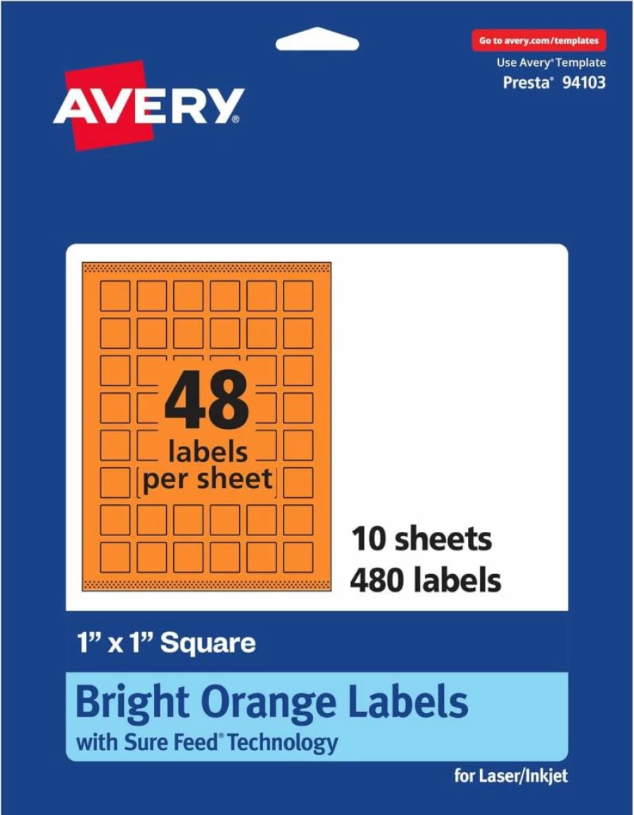 Avery 1" x 1" Bright Orange Printable Labels with Sure Feed Technology – 3,840 Laser/Inkjet Sheets for Soaps, QR Codes & Edge-to-Edge Printing