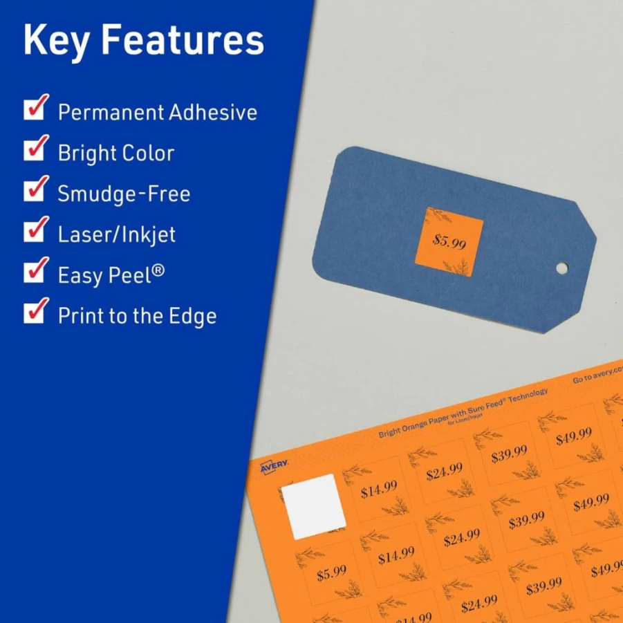 Avery 1" x 1" Bright Orange Printable Labels with Sure Feed Technology – 3,840 Laser/Inkjet Sheets for Soaps, QR Codes & Edge-to-Edge Printing