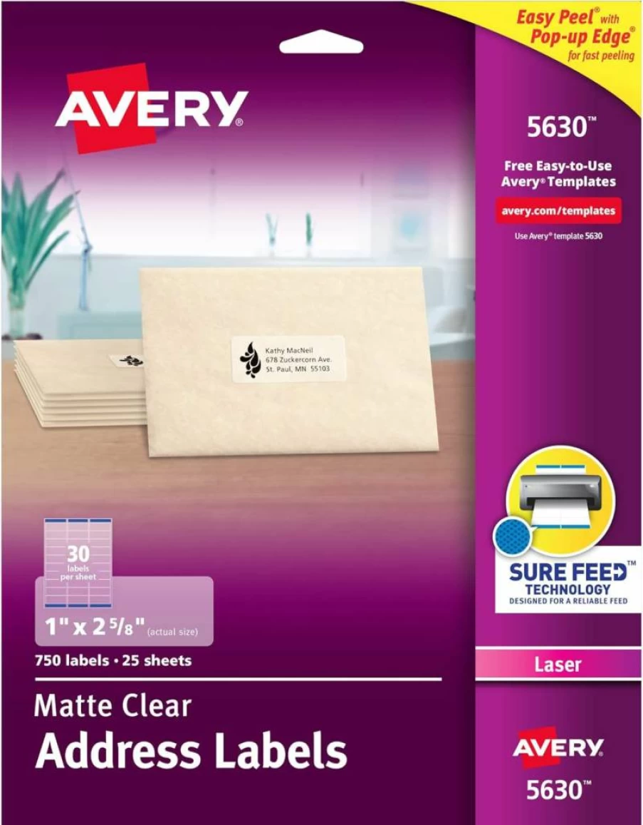 AVERY 05630 Printable Address Labels, 1" x 2-5/8", Matte Clear, 750 Blank Mailing Labels with Sure Feed Technology