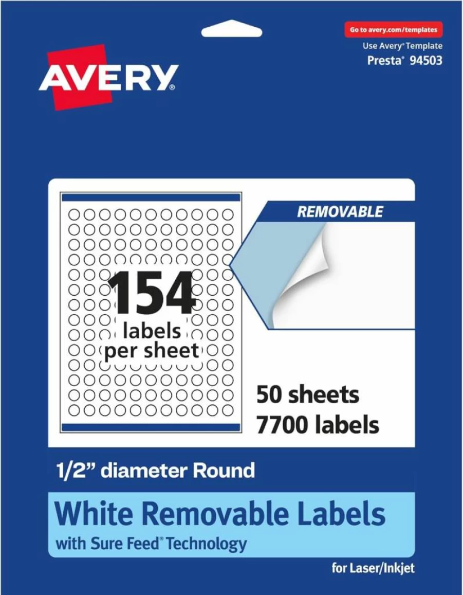 Avery Matte White Removable Round Labels 0.5" - 2,310 Sure Feed Laser/Inkjet Printable Stickers for Edge-to-Edge Printing