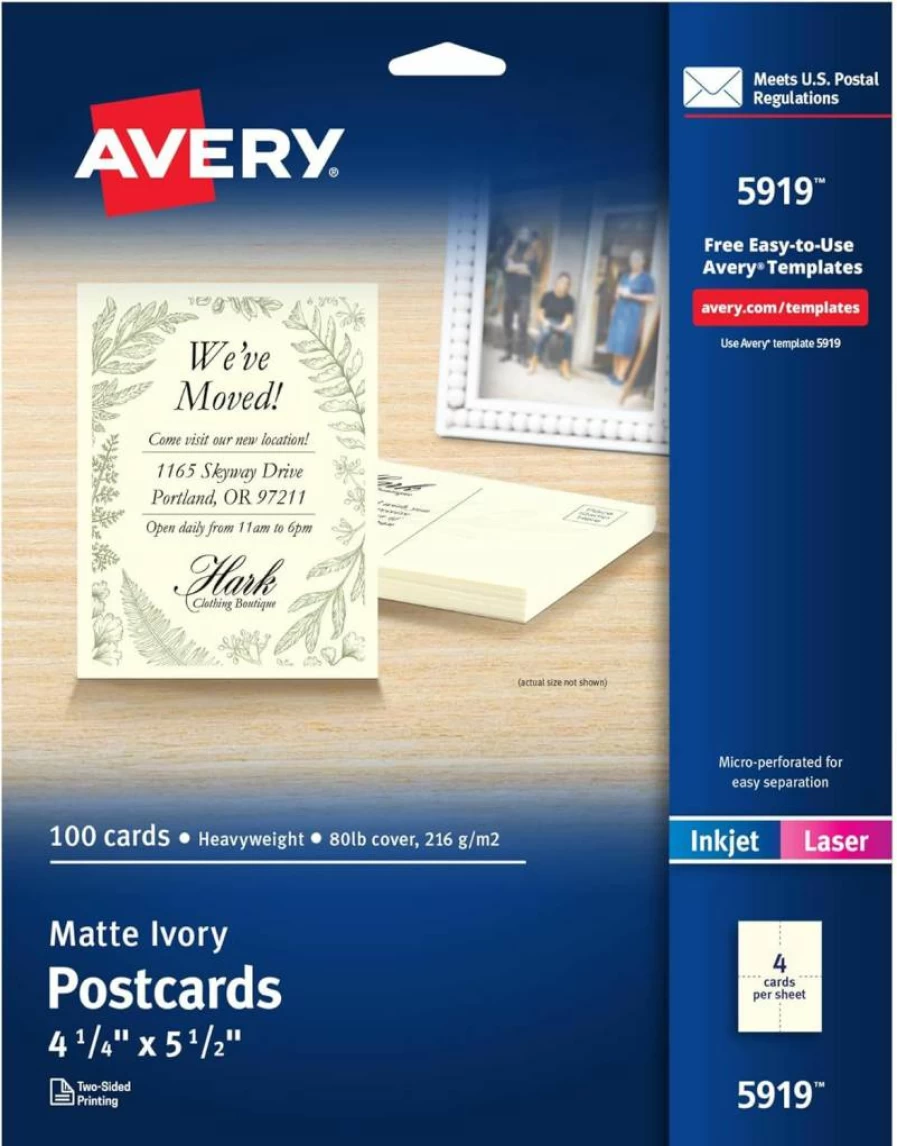 AVERY 5919 Printable Blank Postcards, 4.25" x 5.5" Ivory Cardstock, 100 Sheets for Laser/Inkjet Printers, Premium Uncoated Mailing Cards