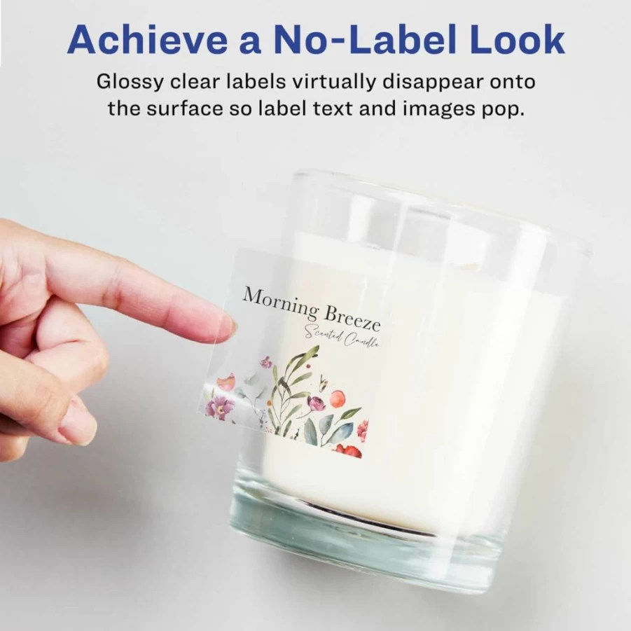 Avery Glossy Clear Square Labels 1.5" x 1.5" - 200 Pack, Sure Feed for Laser/Inkjet Printers, Edge-to-Edge Printing, High-Quality Glossy Finish