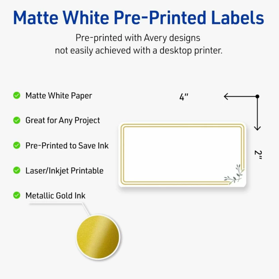 AVERY Gold Beads Printable Labels 2" x 4" Glossy White Permanent Adhesive Laser/Inkjet Compatible 100-Count for Product Merchandising