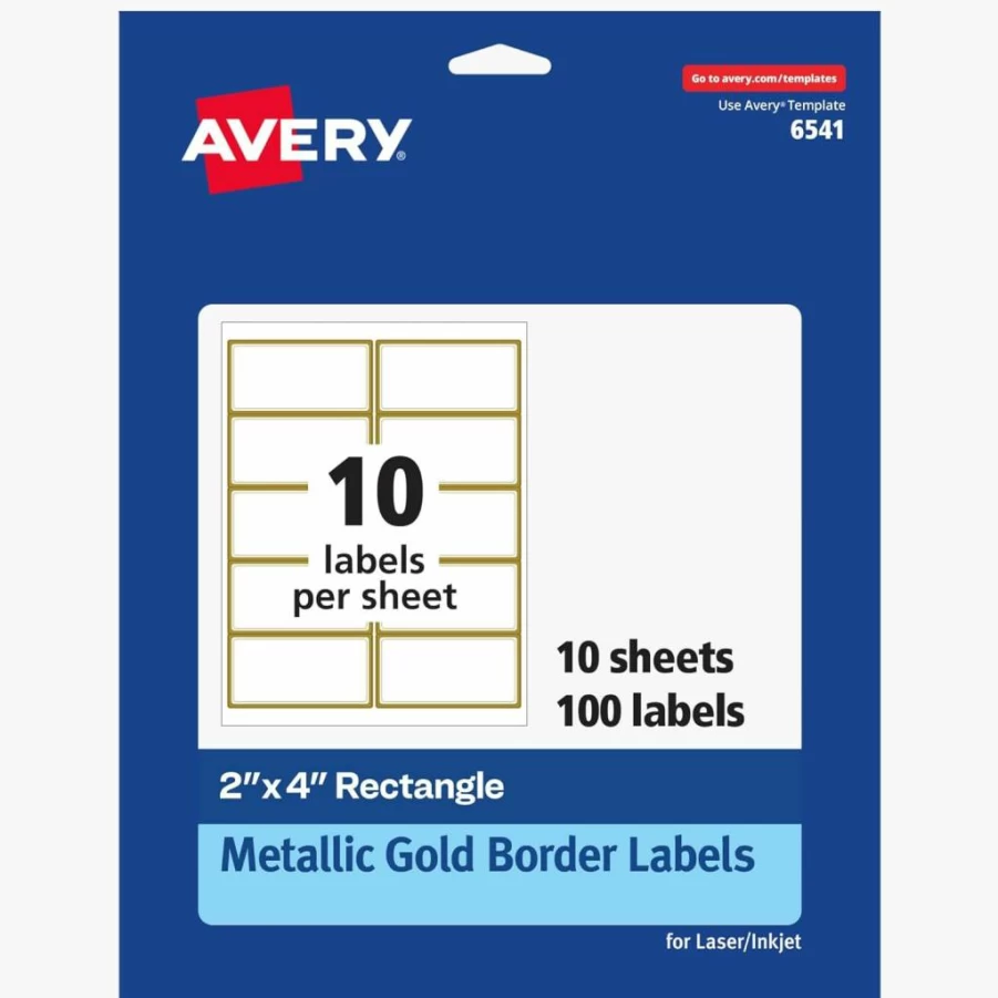 AVERY 6541 Printable 2" x 4" Blank Labels, Matte White with Metallic Gold Border, Permanent Adhesive, Laser/Inkjet Compatible, 100 Count for Shipping & Organization
