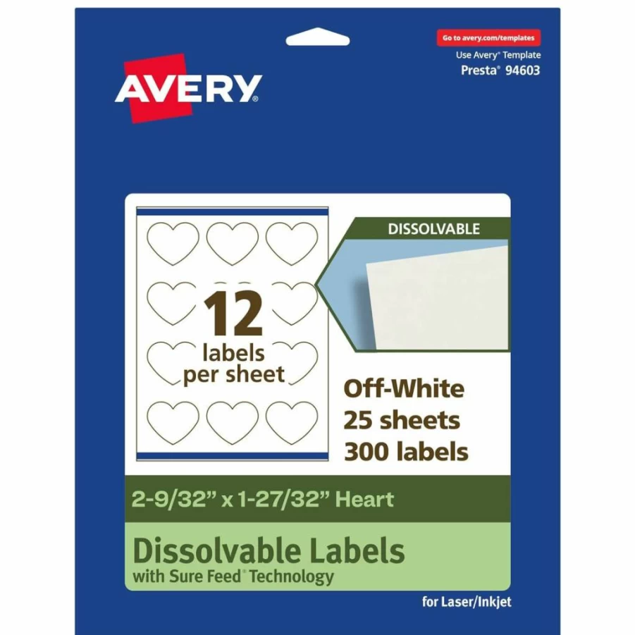 AVERY Dissolvable Heart Labels, Sure Feed Technology, 2.28" X 1.84", Matte White, Print-To-The-Edge, Laser/Inkjet Printable, 300 Adhesive Labels Total