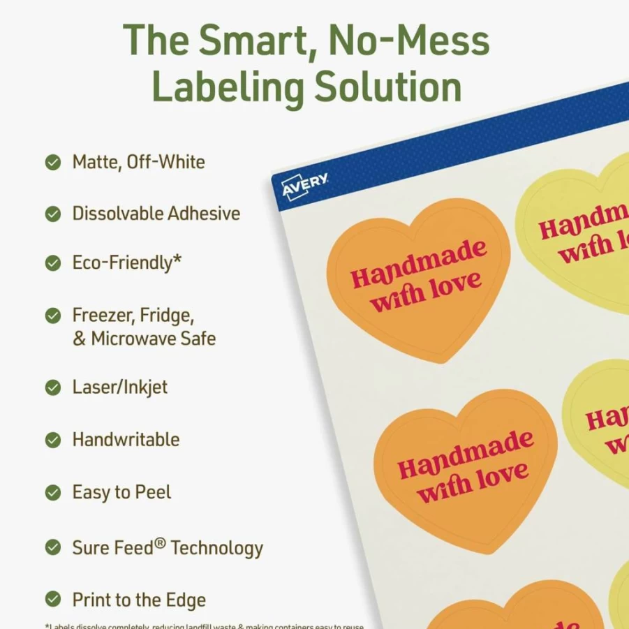 AVERY Dissolvable Heart Labels, Sure Feed Technology, 2.28" X 1.84", Matte White, Print-To-The-Edge, Laser/Inkjet Printable, 300 Adhesive Labels Total