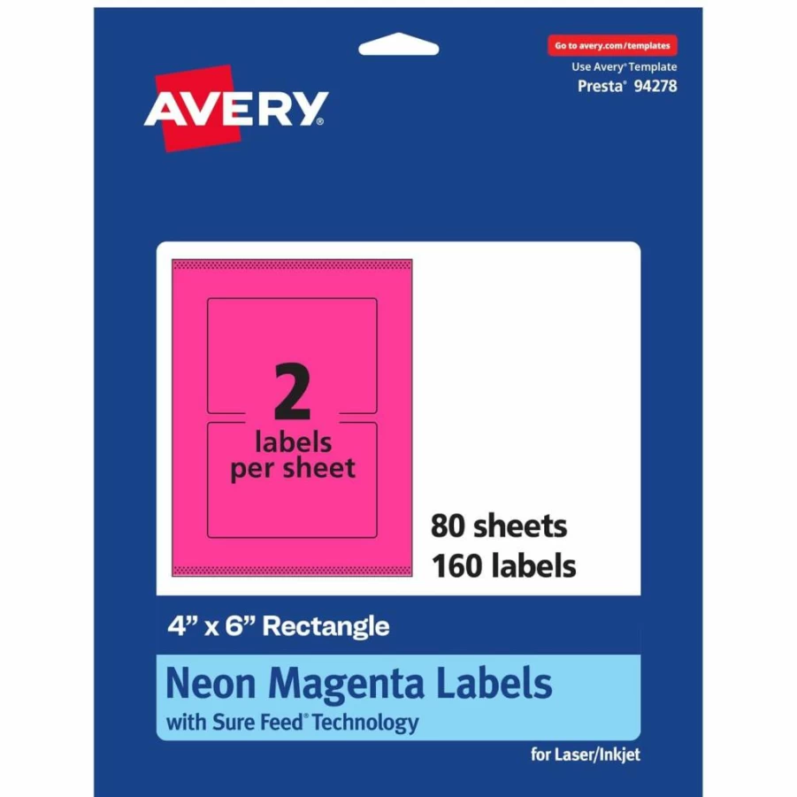 Avery Neon Magenta Printable Labels 4" x 6" - 20 Pack, Sure Feed Technology, Laser/Inkjet Compatible, Print-To-The-Edge for Shipping & Packaging