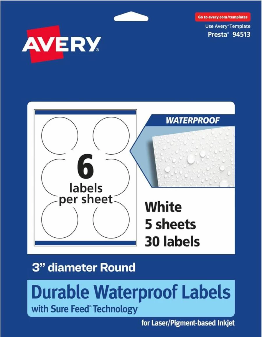 Avery Round Waterproof Labels 3" Diameter, 150-Pack, Sure Feed Technology, Oil & Tear-Resistant, Laser/Inkjet Printable