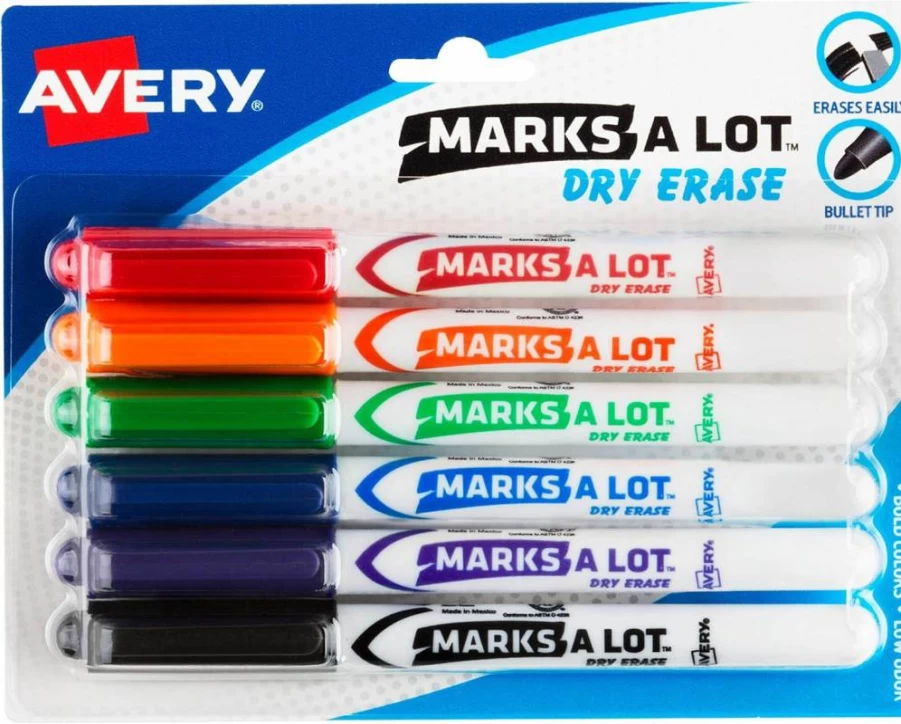 AVERY Dry Erase Markers 6-Color Set, Low Odor Bullet Tip Whiteboard Markers for Classroom & Office (24481)