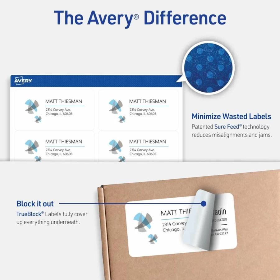 Avery 5963 Printable Shipping Labels, 2" x 4" White Blank Mailing Stickers, 2,500 Adhesive Labels for Shipping, Mailing & Packaging, Sure Feed Technology