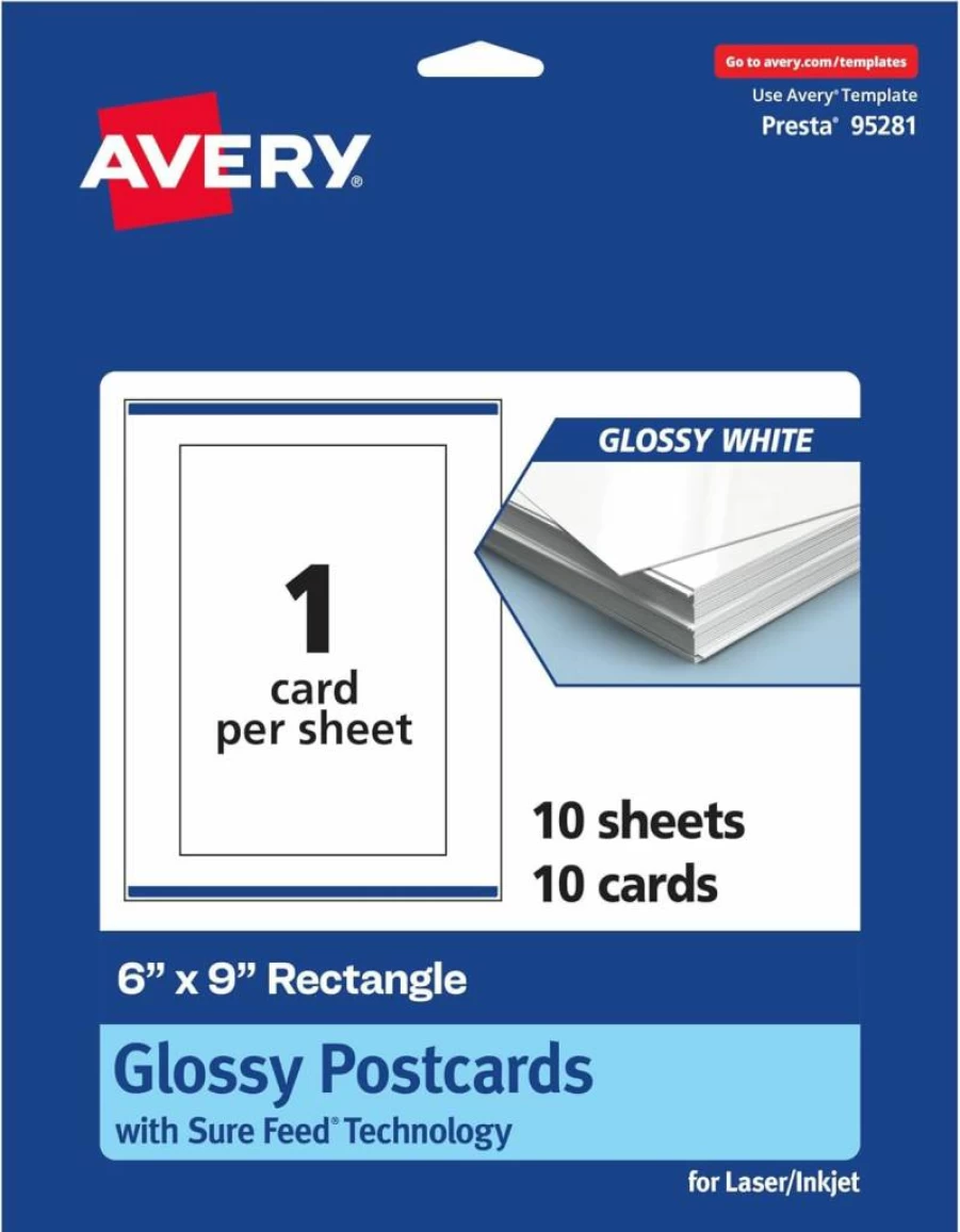 Avery 6" x 9" Glossy White Printable Postcards with Sure Feed Technology – 50 Pack for Laser/Inkjet Printing, Edge-to-Edge Design