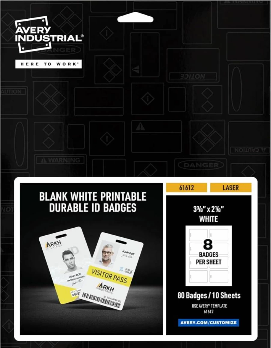 AVERY 61612 Laser Printable Tall ID Badges for Lanyards, 3.375" x 2.125" Durable Blank White Badges, 80-Pack Double-Sided Printing