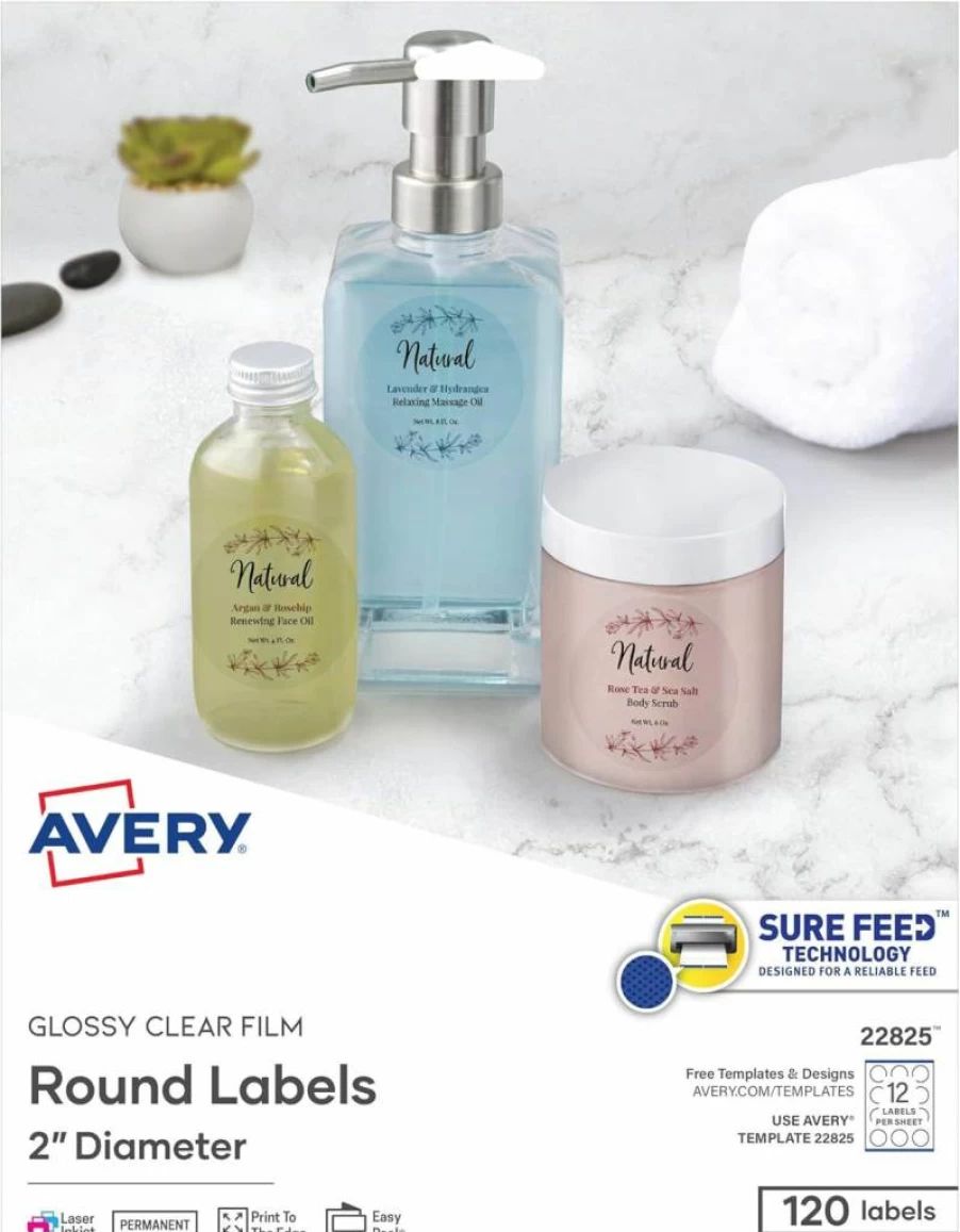 Avery 22825 Glossy Clear Round Labels, 2" Diameter, 120-Pack Printable Customizable Labels with Sure Feed Technology