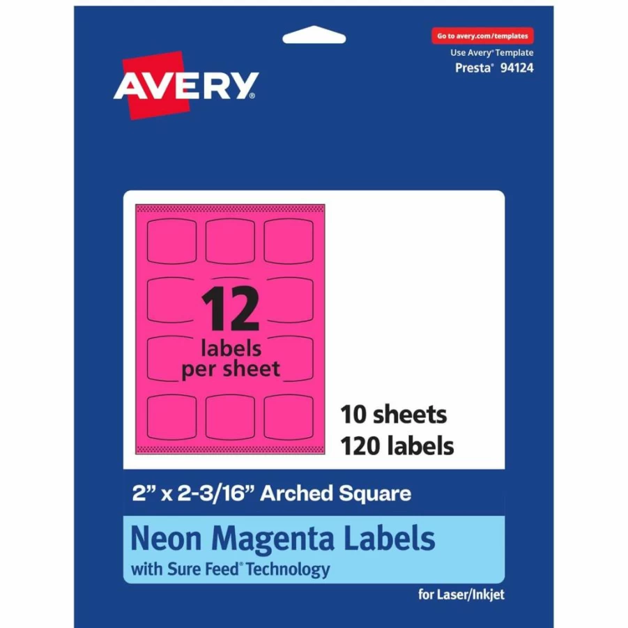 AVERY Neon Magenta Printable Labels 2" x 2-3/16" - Sure Feed Technology, 120 Pack, Laser/Inkjet Compatible, Print-To-The-Edge for Cosmetics, Soaps, Crafts