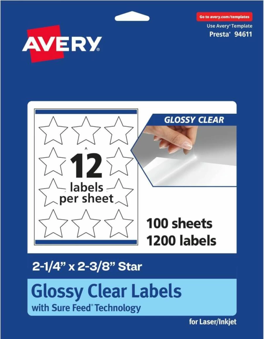 Avery Glossy Clear Star Labels 2.25" x 2.375" - 120 Pack, Sure Feed Technology, Print-to-the-Edge for Laser/Inkjet Printers