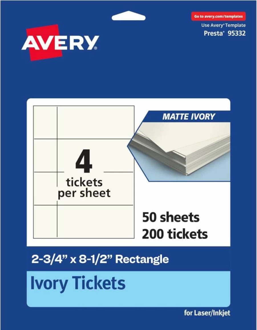 Avery Matte Ivory Printable Tickets 2.75" x 8.5" - 40-Pack Laser/Inkjet Cardstock for DIY Events & Labels