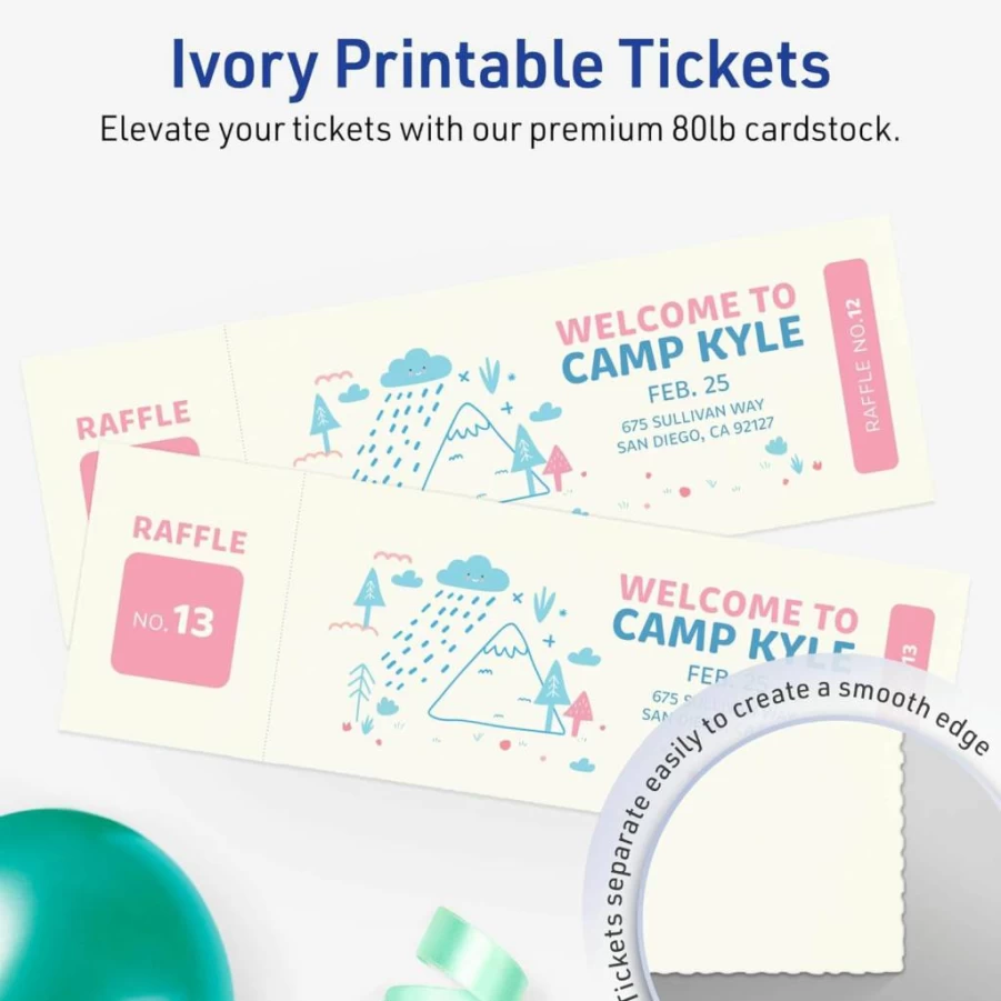 Avery Matte Ivory Printable Tickets 2.75" x 8.5" - 40-Pack Laser/Inkjet Cardstock for DIY Events & Labels