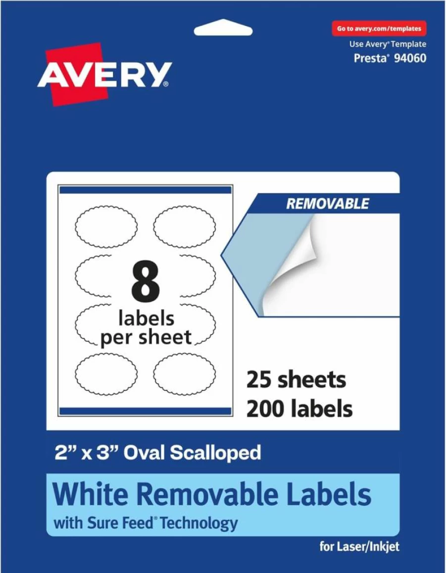 Avery Matte White Removable Oval Scalloped Labels, 2" x 3", 120-Pack, Sure Feed Technology, Laser/Inkjet Printable, Print to Edge