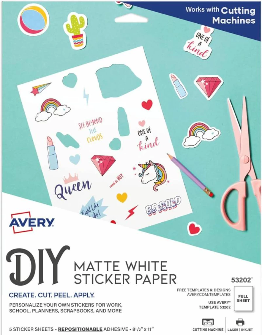 AVERY Printable Repositionable Sticker Paper, 8.5" x 11" Matte White Label Sheets, 5-Pack for Laser/Inkjet Printing, DIY Crafts, Product Branding & Custom Stickers (53202)