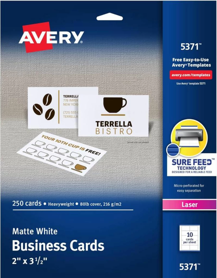 Avery 05371 Printable Blank Business Cards, 2" x 3.5", White, 250 Sheets for Laser Printers with Sure Feed Technology