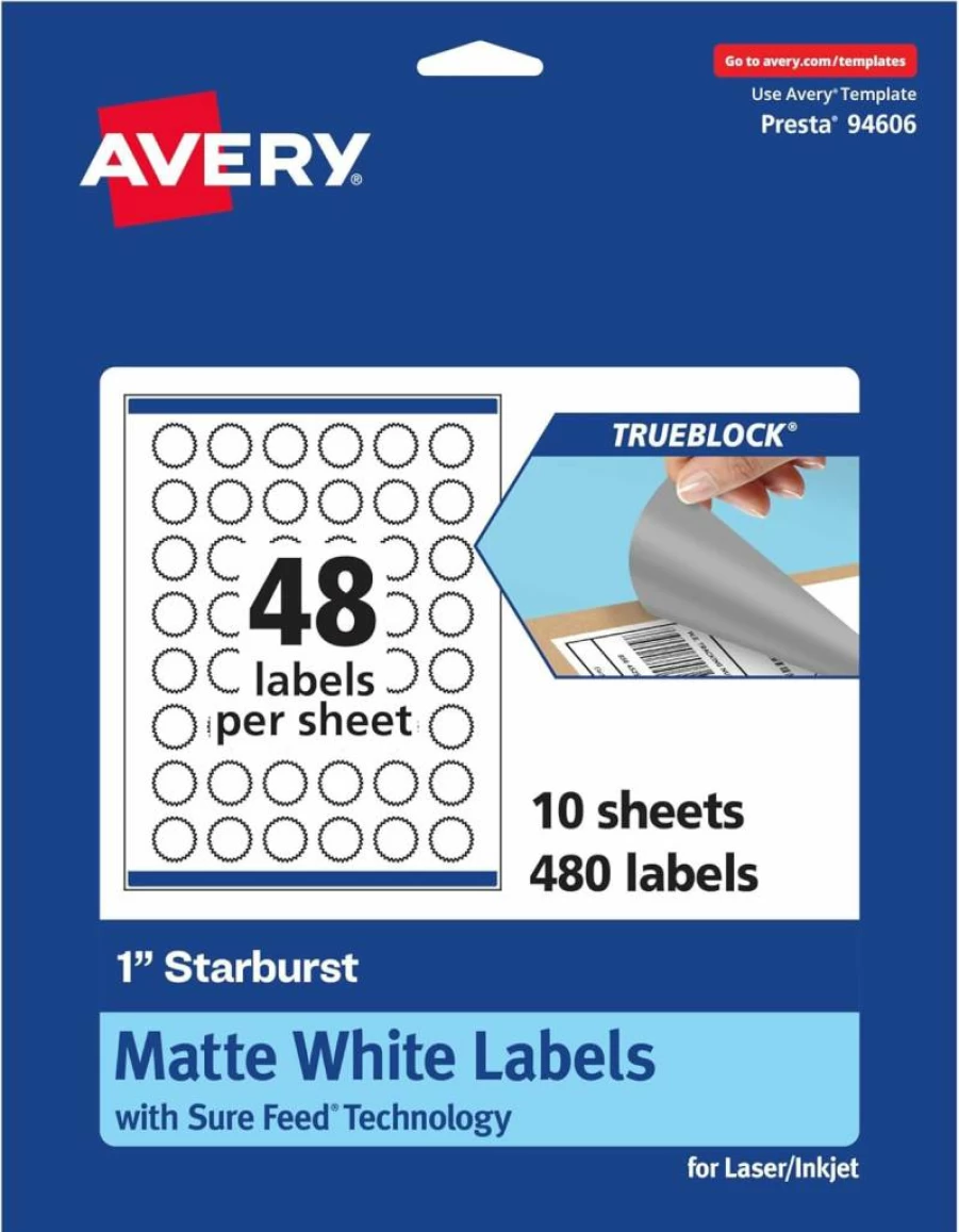 Avery TrueBlock 1" Matte White Starburst Labels, 480-Pack, Sure Feed Technology, Print-to-Edge Design, Laser/Inkjet Printable for Packaging & Product Branding