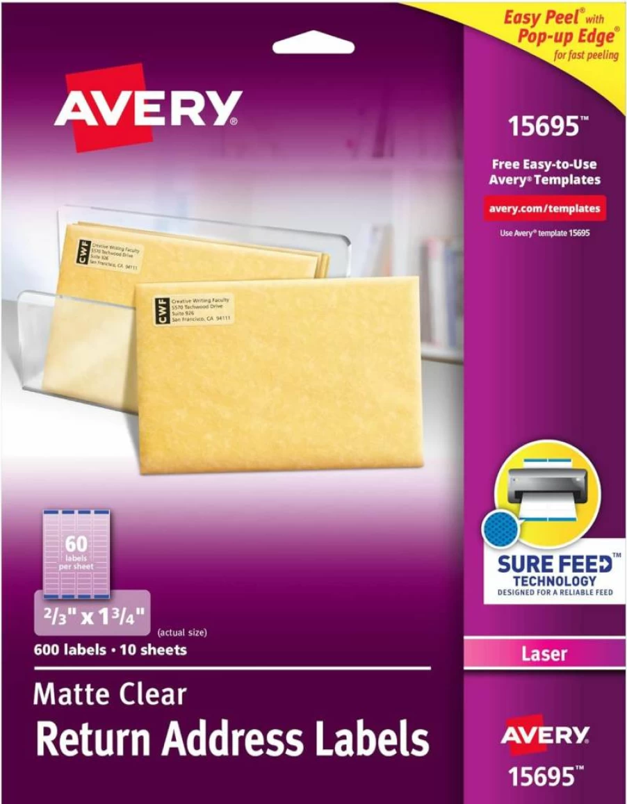 Avery 15695 Printable Return Address Labels, 2/3" x 1-3/4", Matte Clear, 600 Blank Mailing Labels with Sure Feed Technology