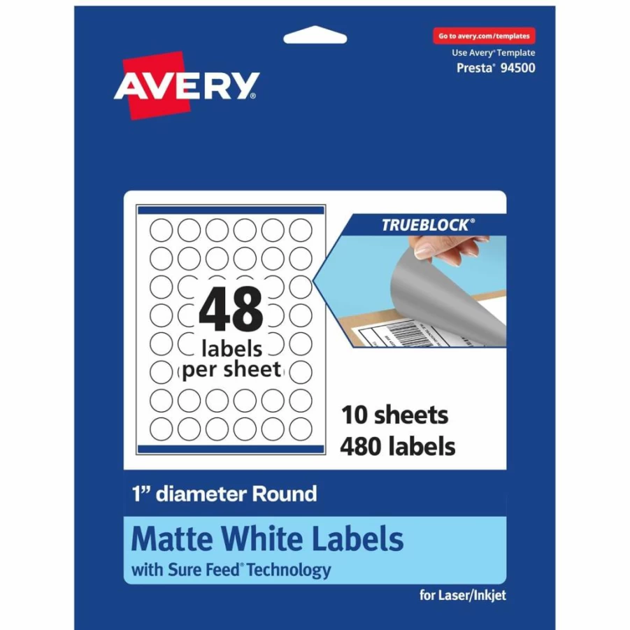 AVERY Trueblock Matte White Round Labels 1" Diameter, 480-Pack, Sure Feed Technology, Laser/Inkjet Printable, Print-To-The-Edge, Water-Resistant, Ideal for Product Stickers & Merchandising