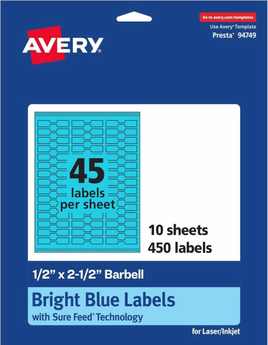 AVERY Bright Blue Printable Barbell Labels, 1/2" x 2-1/2", Sure Feed Technology, Laser/Inkjet Compatible, 450 Labels for Jewelry, Cords, and Organizing