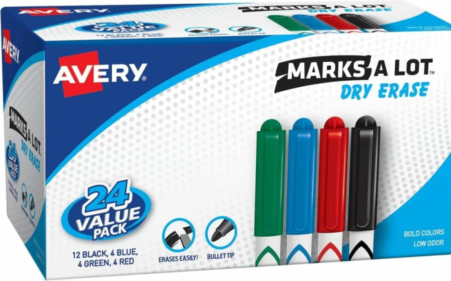 AVERY Dry Erase Markers 24-Pack, Bullet Tip Whiteboard Markers Assorted Colors, Value Pack (29860)