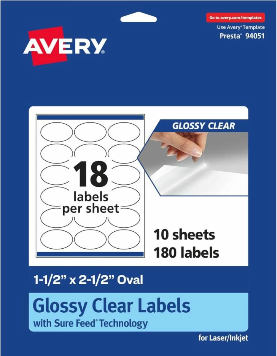 Avery Glossy Clear Oval Labels 1.5" x 2.5" - 180 Pack, Sure Feed Technology, Laser/Inkjet Printable, High-Quality Glossy Finish