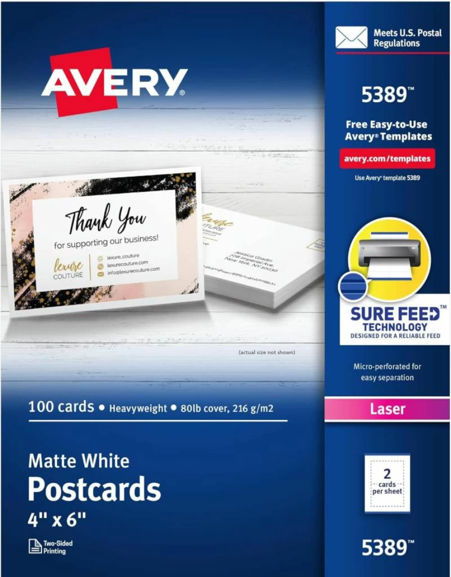 AVERY 8383 Glossy White Printable Postcards, 4.25" x 5.5", 100 Blank Postcards for Inkjet & Laser Printers