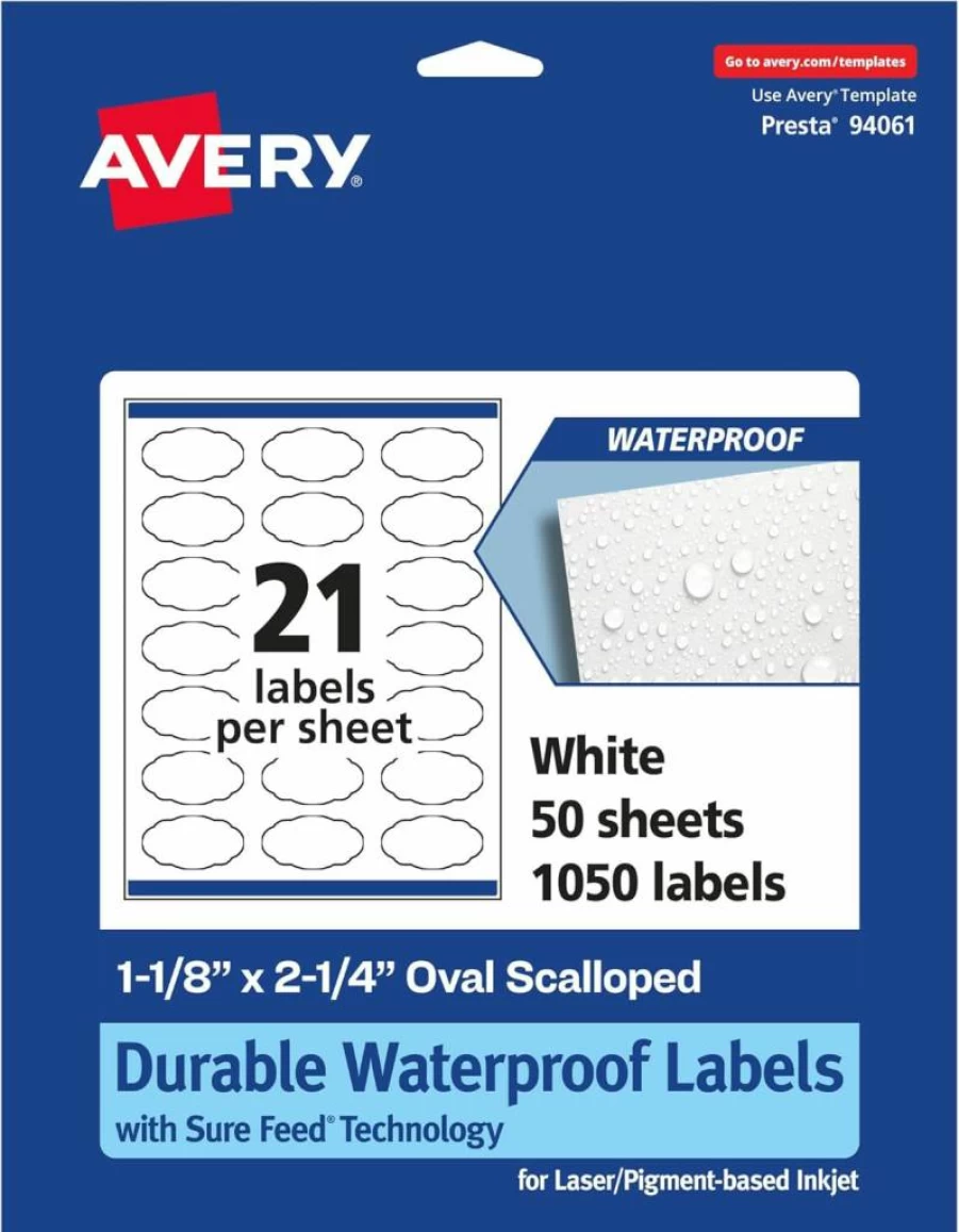 Avery Sure Feed Waterproof Labels 1-1/8" x 2-1/4" Oval Scalloped Edge, 210 Pack, Tear & Oil Resistant, Laser/Inkjet Printable, Print-to-Edge Durable Stickers