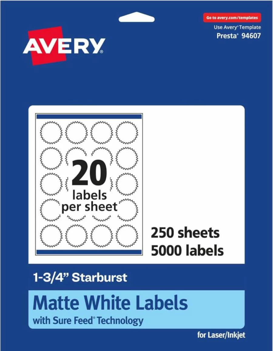 Avery Matte White Starburst Labels 1.75" - 500 Pack, Sure Feed Technology, Printable Address Labels for Laser/Inkjet Printers