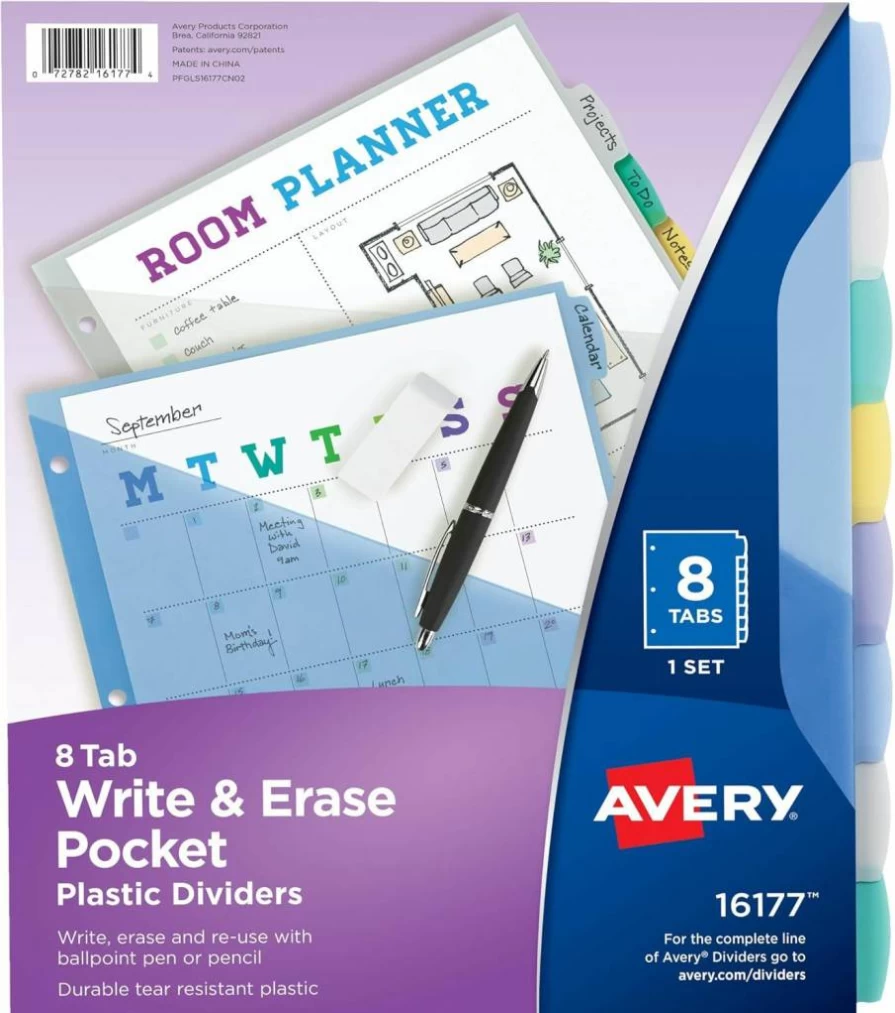 AVERY Write & Erase Plastic Binder Dividers, 8-Tab Multicolor Set, Reusable Tabs Extend Beyond Sheet Protectors, 1 Pack (16177)