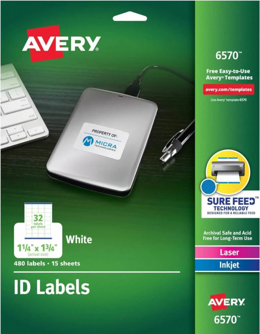 AVERY 6570 Permanent Adhesive ID Labels, 1.25" x 1.75", 480 Pack, Sure Feed Technology for Easy Printing