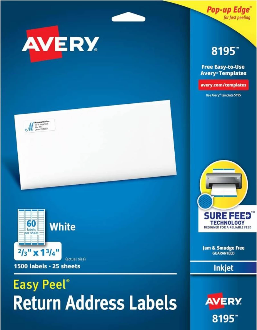 AVERY 08195 Printable Return Address Labels - 2/3" x 1-3/4" White Blank Mailing Labels, 1,500 Count, Sure Feed Technology for Reliable Printing