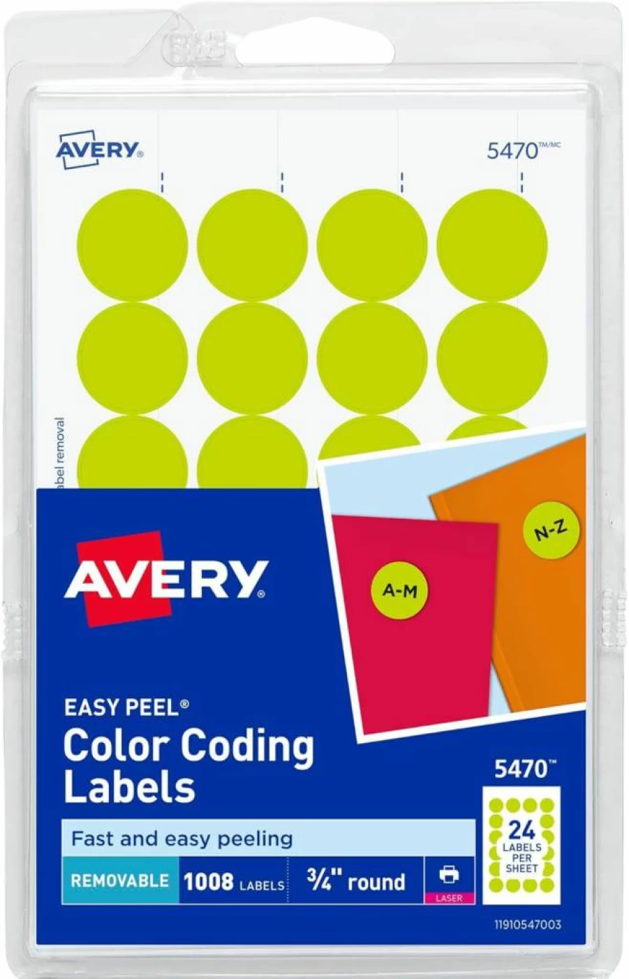 AVERY Removable Neon Yellow Color-Coding Labels, 3/4 Inch Round Laser Printer Stickers, 1008-Pack (5470)