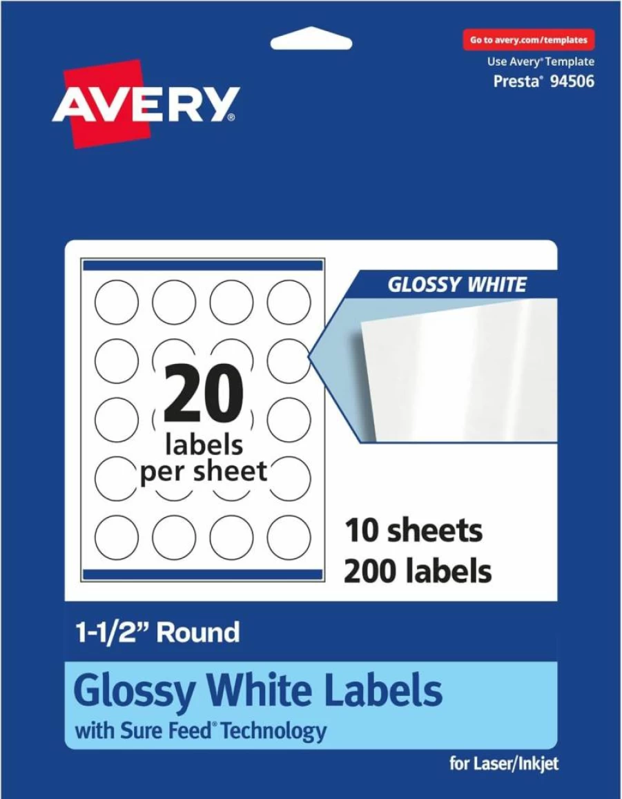 Avery 36491 Round Labels, 1.5 Inch Diameter, Glossy White, 200 Pack, Sure Feed Technology for Laser & Inkjet Printers