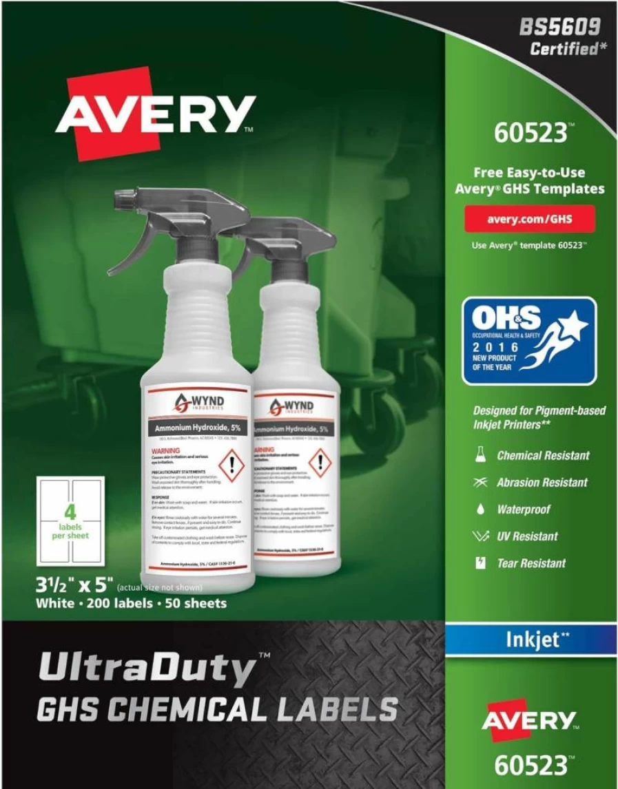 AVERY Ultra Duty GHS Chemical Labels 3.5" x 5" - Waterproof, UV Resistant for Inkjet Printers, Industrial Strength Adhesive (60523)