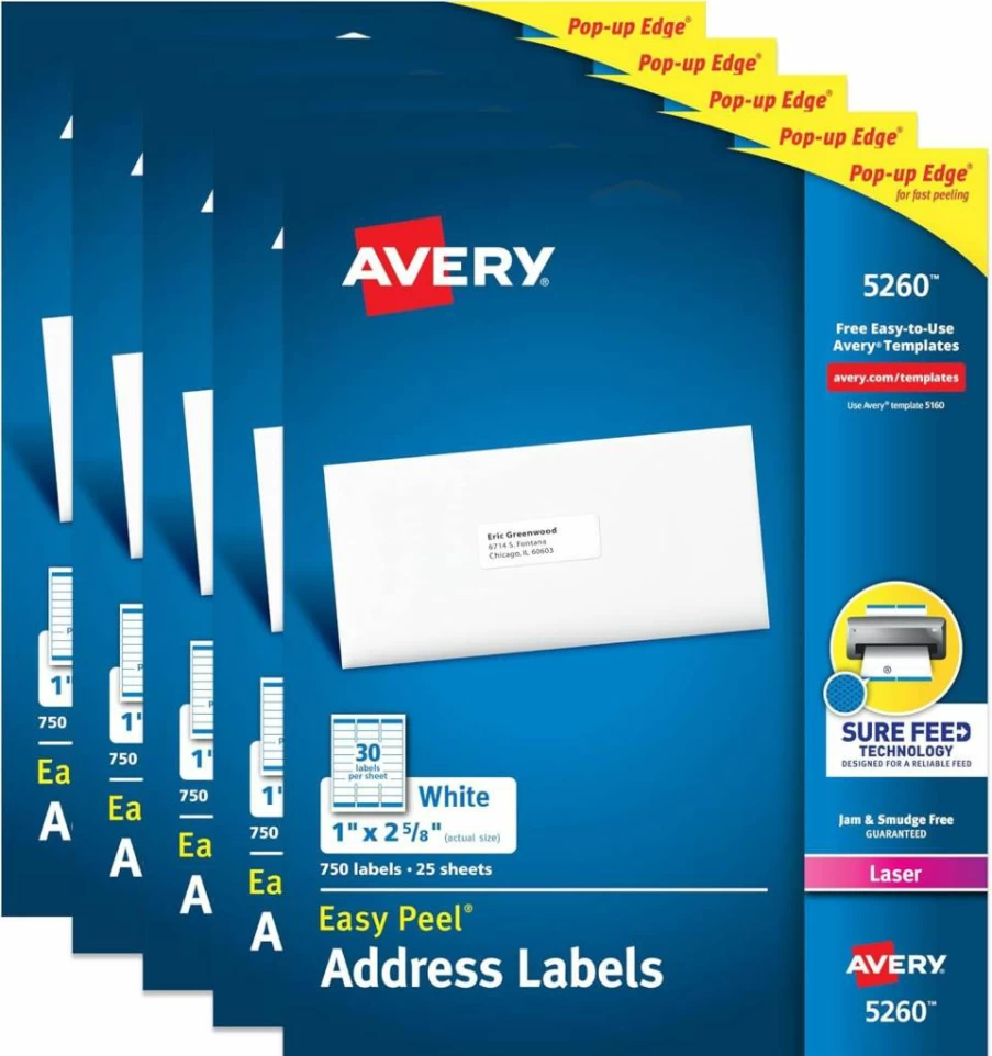 AVERY 5260 Easy Peel Printable Address Labels, 1" x 2-5/8" White Mailing Stickers, 5-Pack of 750 Labels Each, Sure Feed Technology for Shipping, Mailing & Organizing, 3,750 Total Customizable Labels