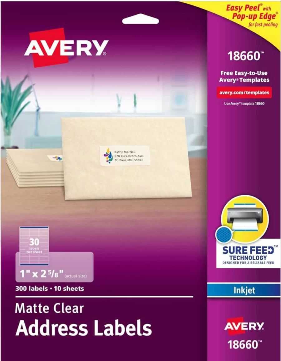 AVERY 18660 Printable Address Labels, 1" x 2-5/8", Matte Clear, 300 Blank Mailing Labels with Sure Feed Technology