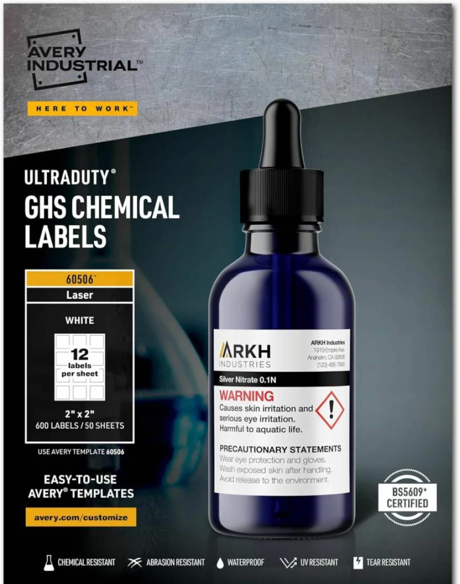 AVERY Ultraduty GHS Chemical Labels 2" x 2" - 600 Pack (60506) for Laser Printers, Waterproof, UV Resistant, Durable Adhesive