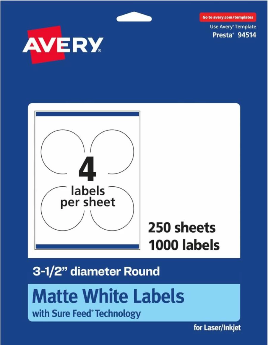 Avery Matte White Round Labels 3.5" - 100 Pack, Sure Feed Technology, Printable Circle Stickers for Inkjet/Laser Printers