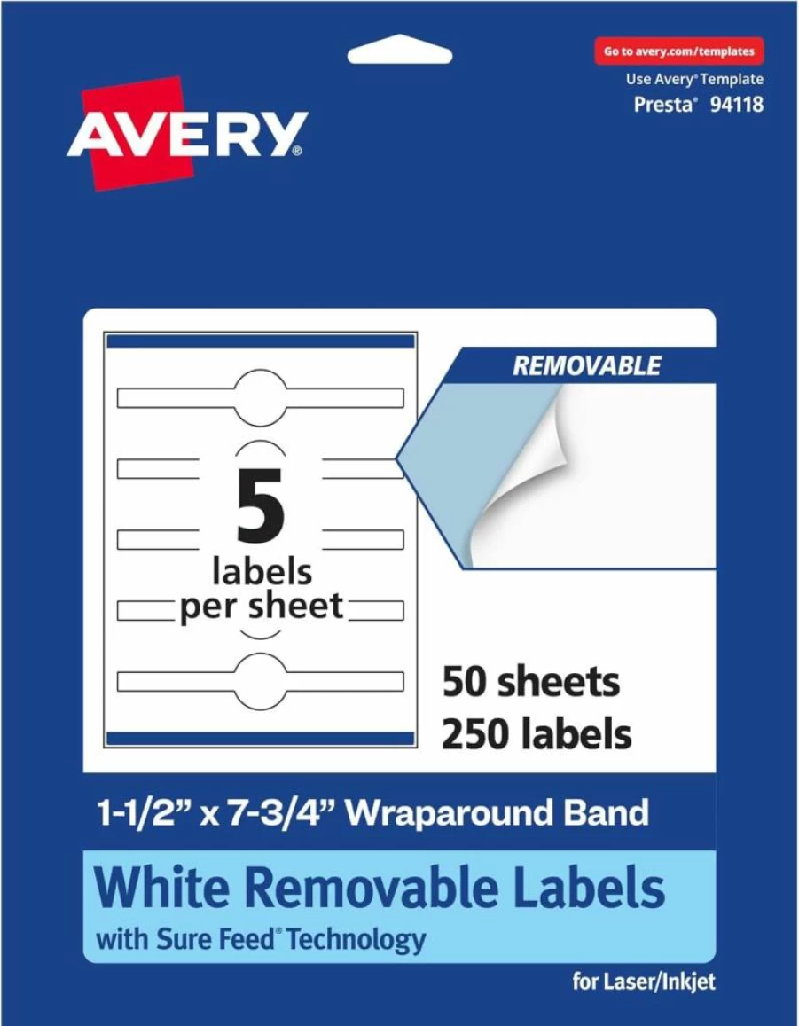 AVERY Matte White Removable Cigar Band Labels, 1.5" x 7.75", Sure Feed Technology, Print-To-The-Edge, 75 Labels per Pack, Laser/Inkjet Printable